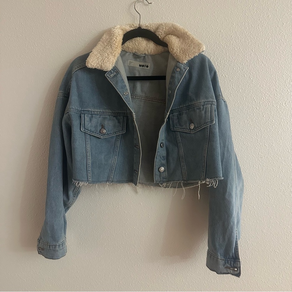 Topshop Light Blue Crop Denim Jacket with Sherpa Collar